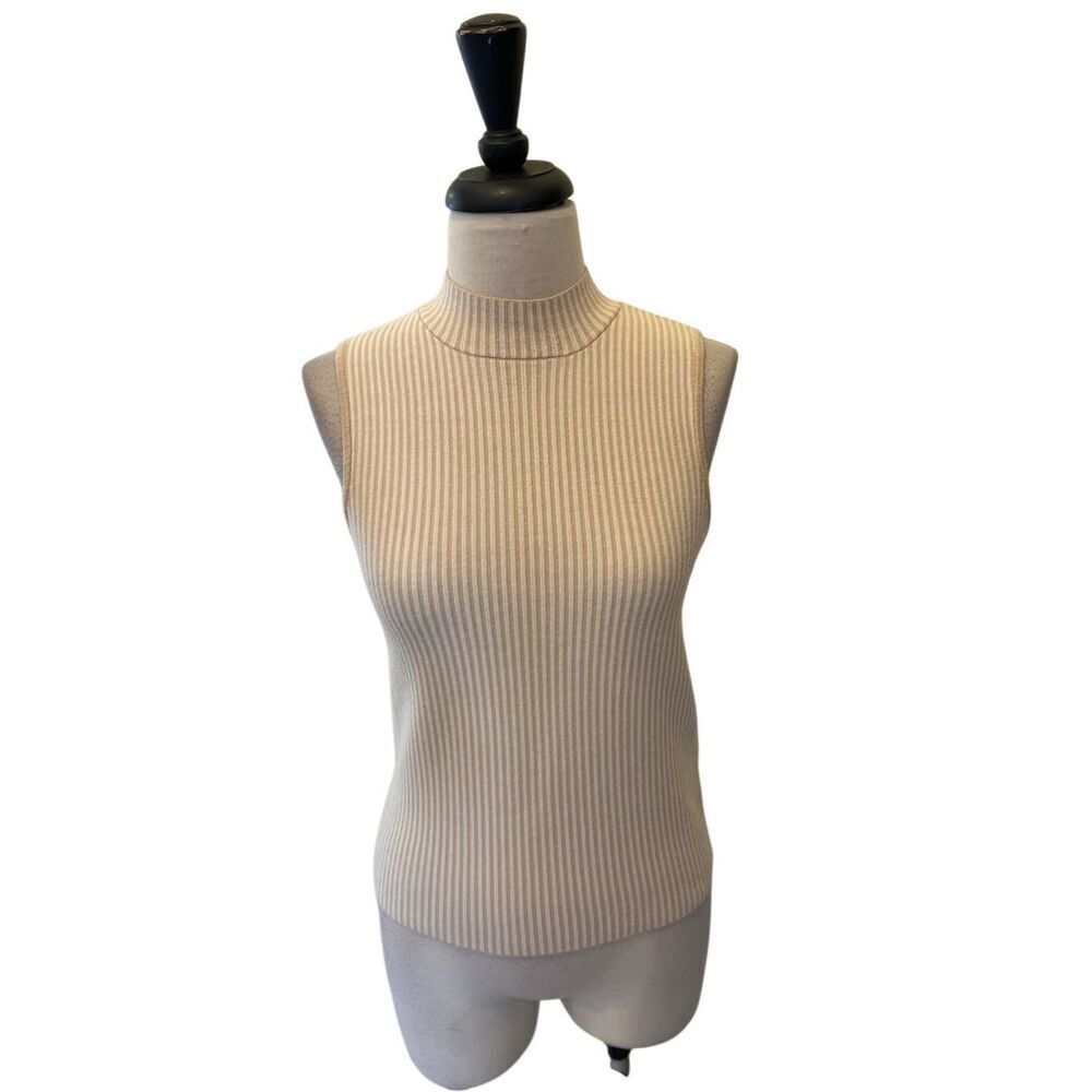 Marled Women's Ribbed Striped Mock Neck Sleeveless Tank Top Tan White Small